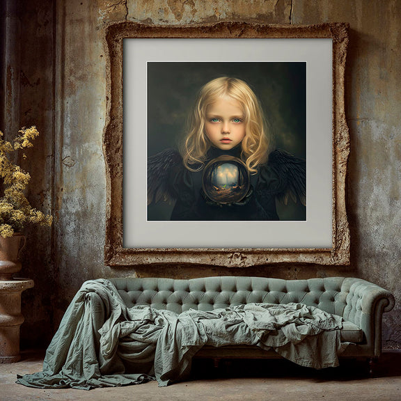 Mock-up van de Black Angel of the Earth art print, met een jong meisje dat een glazen bol vasthoudt waarin een dor bos en een ontkiemend plantje zichtbaar zijn, geplaatst in een verweerd klassiek interieur met vintage bank.