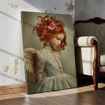 Cate, portret met koperrode krullen, saliegroen jurkje met goudkant en engelenvleugels, serene uitstraling.