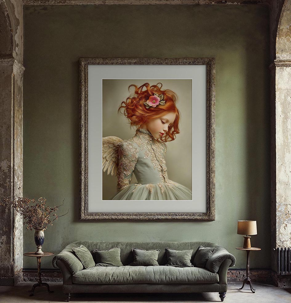 Fine art print van een roodharige engel in geborduurde zachte groentinten, weergegeven in een vintage interieur met groene wanden en klassieke bank.