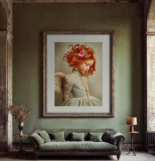 Fine art print van een roodharige engel in geborduurde zachte groentinten, weergegeven in een vintage interieur met groene wanden en klassieke bank.