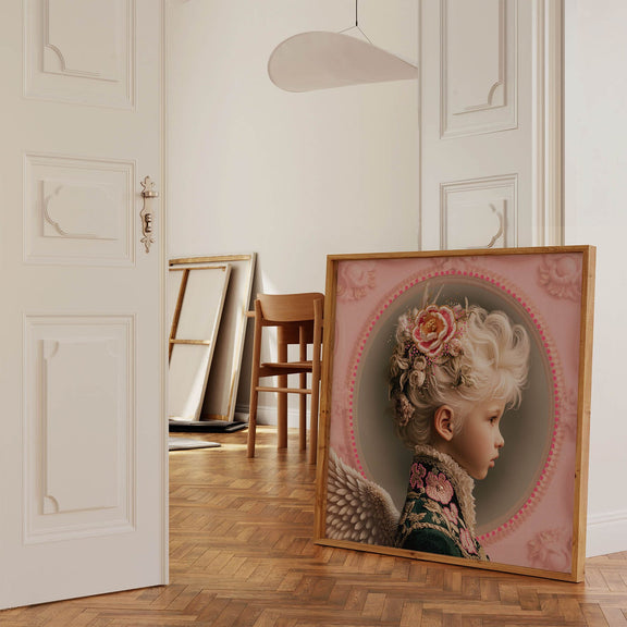 Mock-up van de Mozes art print met engelenvleugels en florale details, geplaatst in een licht klassiek interieur met houten vloer en witte deuren.