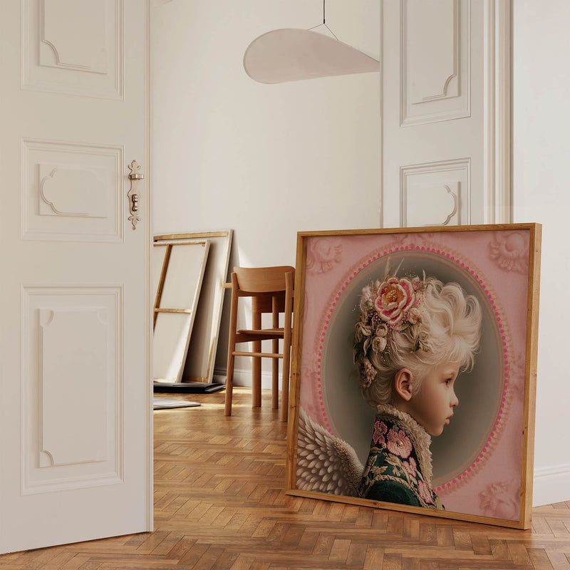 Mock-up van de Mozes art print met engelenvleugels en florale details, geplaatst in een licht klassiek interieur met houten vloer en witte deuren.