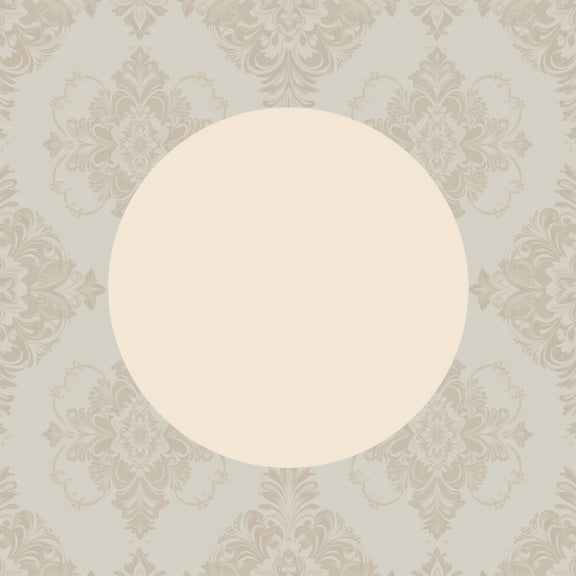 Achterzijde van een kaart met een licht Victoriaans patroon en een ronde centrale zone voor tekst.