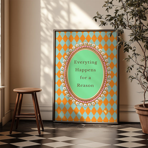 Quote poster in vintage interieur met oranje-turquoise patroon.