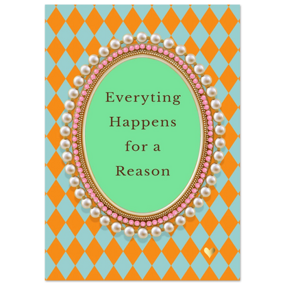 Quote print met oranje-turquoise ruitpatroon en parellijst.