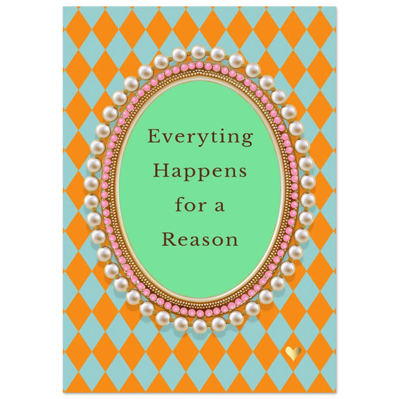 Quote print met oranje-turquoise ruitpatroon en parellijst.