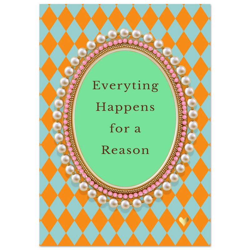 Quote print met oranje-turquoise ruitpatroon en parellijst.