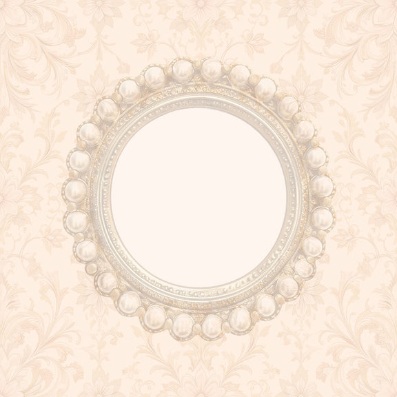 Achterzijde van kaart met sierlijk parelornament in ronde lijst op zacht beige barokpatroon.