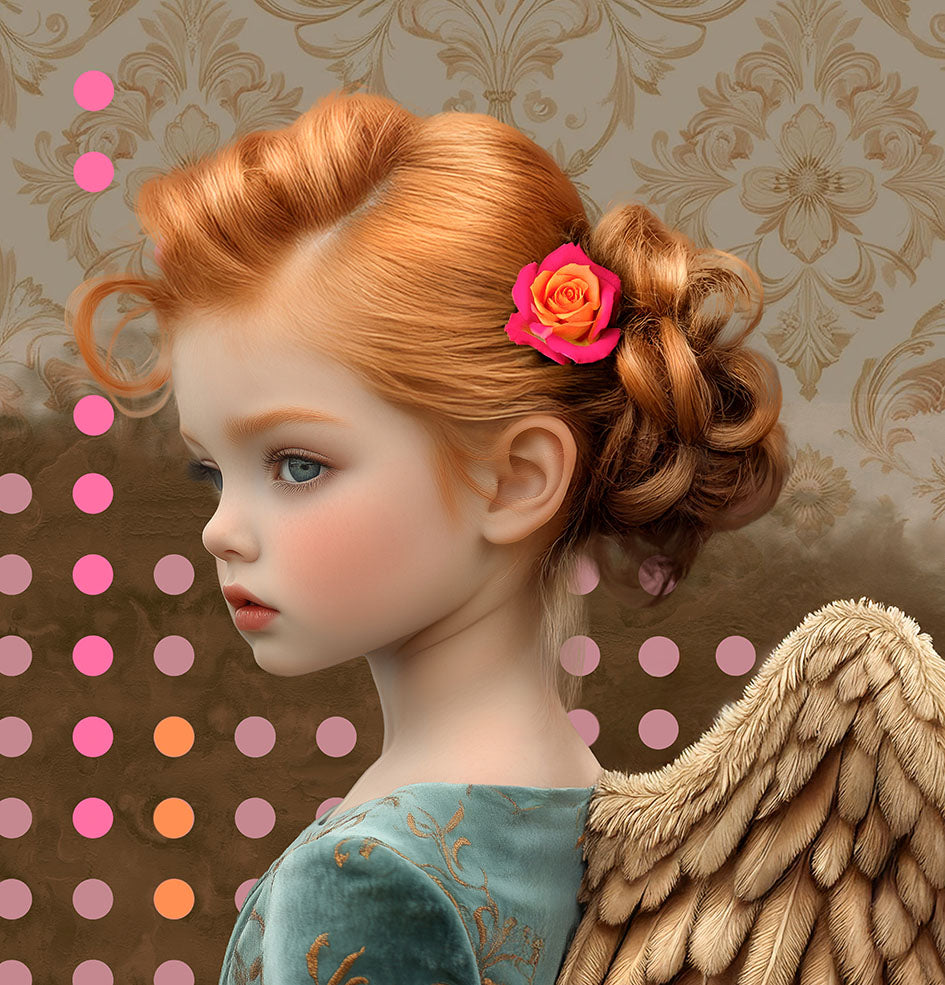 Meisje met gouden vleugels, bloem in het haar en vintage achtergrond met roze stippen