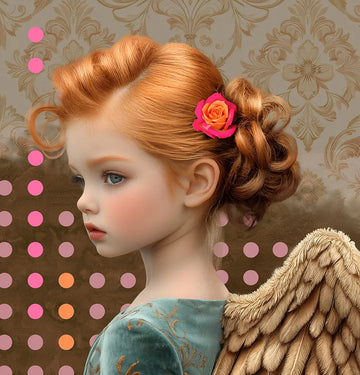 Meisje met gouden vleugels, bloem in het haar en vintage achtergrond met roze stippen